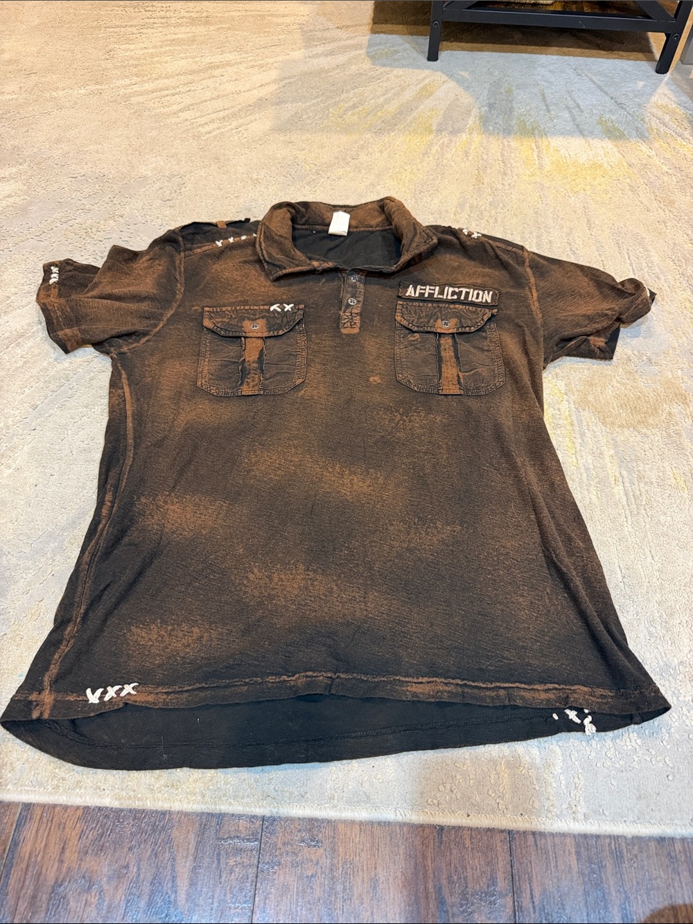 Affliction Mens Size XL Brown Shirt Sleeve Distressed Acid Wash Biker Grudge Y2k
